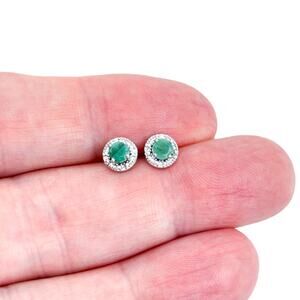 Vintage China JCU Sterling Silver 925 6.7mm Emerald Halo Stud Earrings